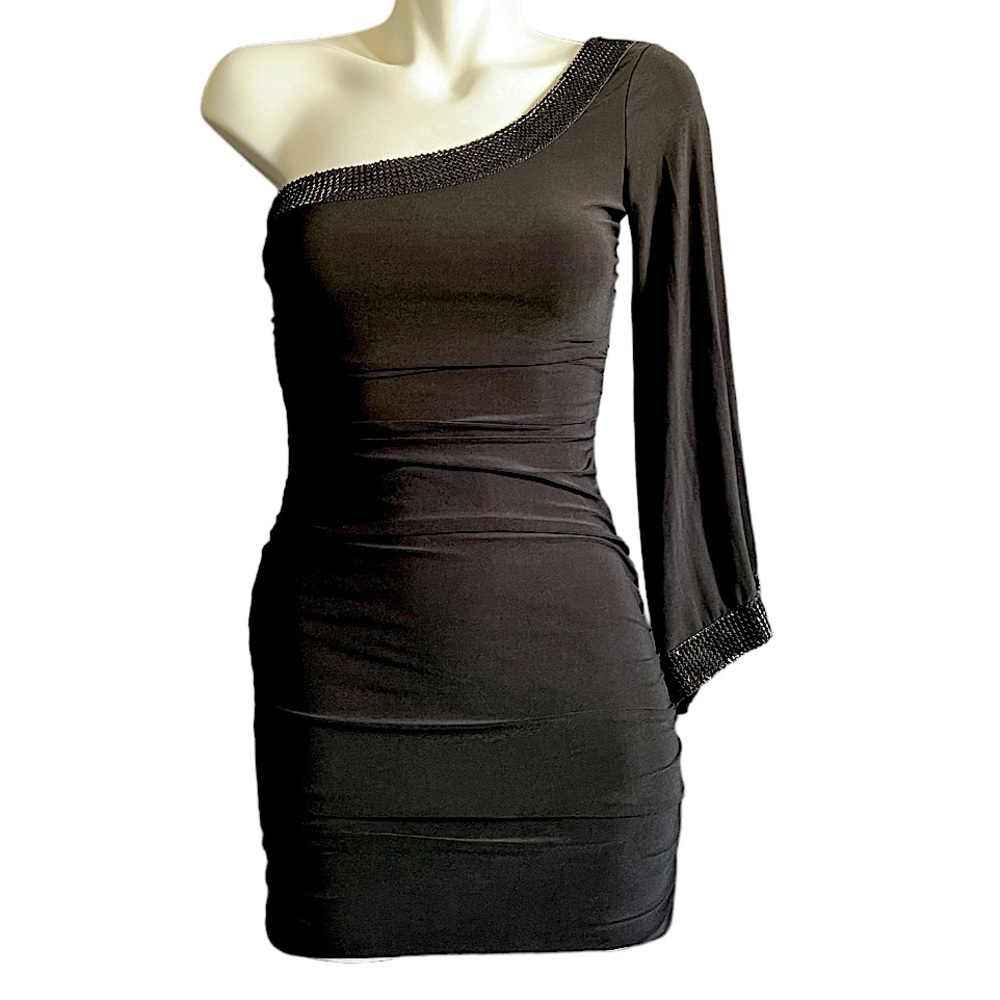 One Shoulder Long Sleeve Black Dress. Size Small